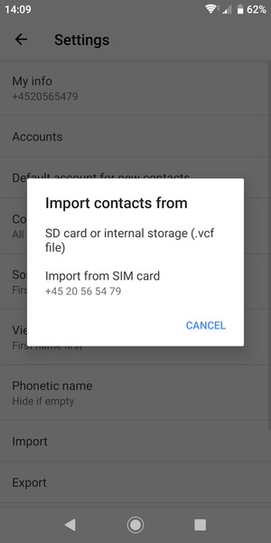 Select Import from SIM card