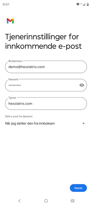 Skriv inn Brukernavn og innkommende serveradresse. Velg Neste