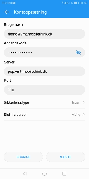 Indtast Brugernavn og indgående serveradresse. Vælg NÆSTE