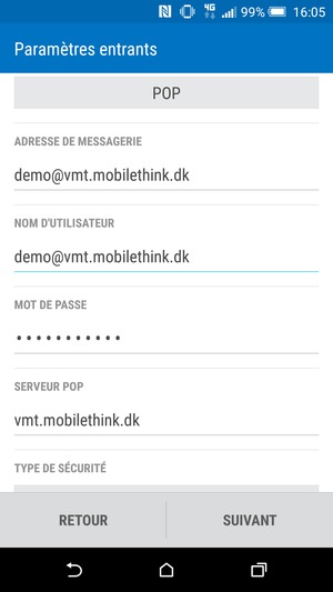 Saisissez votre Nom d'utilisateur et l'adresse du serveur entrant. Sélectionnez SUIVANT
