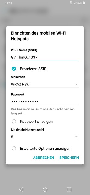 Geben Sie eine WLAN-Hotspot-Passwort mit mindestens 8 Zeichen ein und wählen Sie SPEICHERN