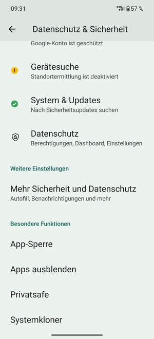Scrollen Sie und wählen Sie Mehr Sicherheit und Datenschutz