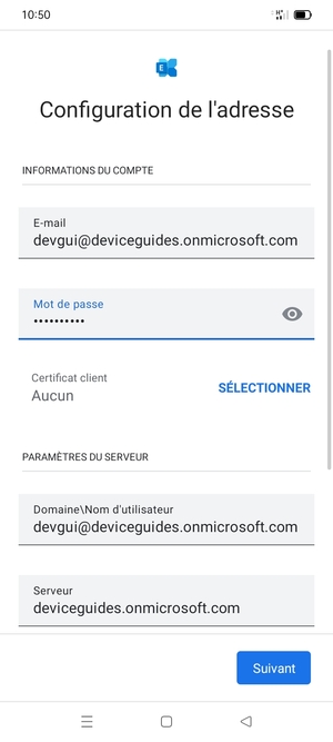 Saisissez votre Nom d'utilisateur et l'adresse du serveur Exchange. Sélectionnez Suivant