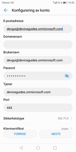 Skriv inn Exchange serveradresse og velg NESTE