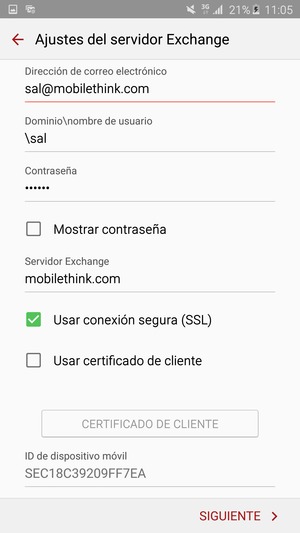 Introduzca Nombre de usuario y la dirección de servidor Exchange. Seleccione SIGUIENTE