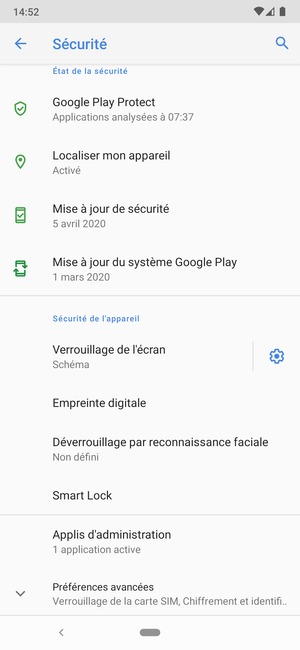 Pour modifier le code PIN de la carte SIM, faites défiler et sélectionnez Préférences avancées