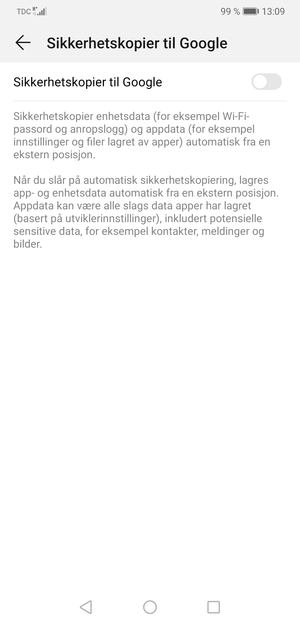 Slå på Sikkerhetskopier til Google