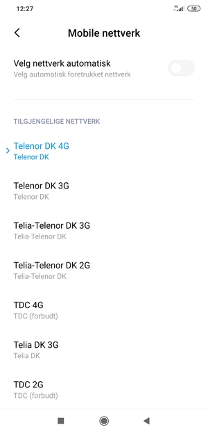 Velg en nettverksoperatør fra listen