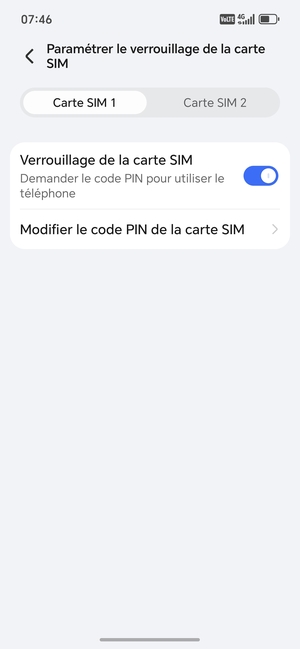 Sélectionnez Carte SIM 1 ou Carte SIM 2 puis Modifier le code PIN de la carte SIM