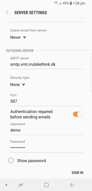 Scroll down and enter Outgoing server address