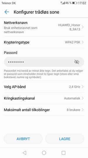 Skriv inn et Wi-Fi hotspot-passord på minst 8 tegn og velg LAGRE