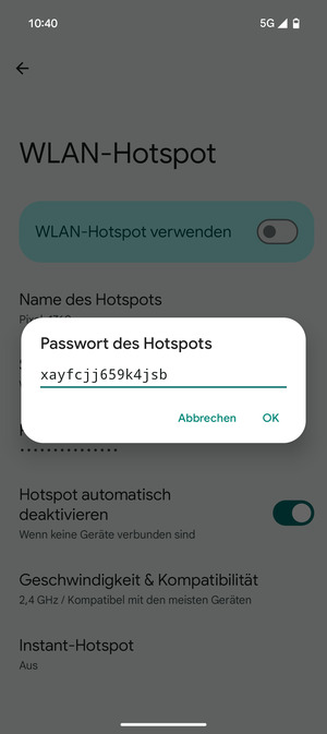 Geben Sie eine WLAN-Hotspot-Passwort mit mindestens 8 Zeichen ein und wählen Sie OK