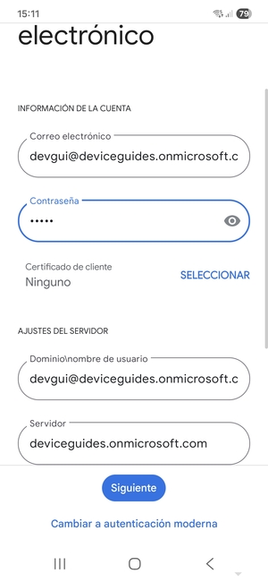 Introduzca Nombre de usuario y la dirección de servidor Exchange. Seleccione Siguiente