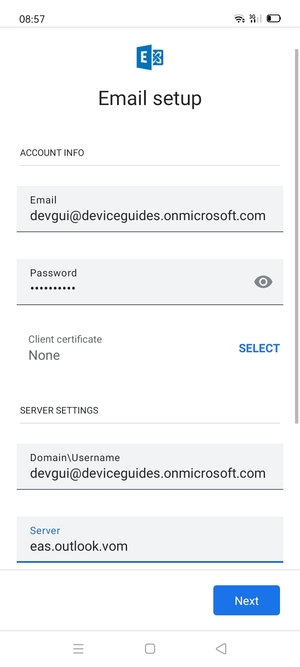 Enter Username and Exchange server address. Select Next