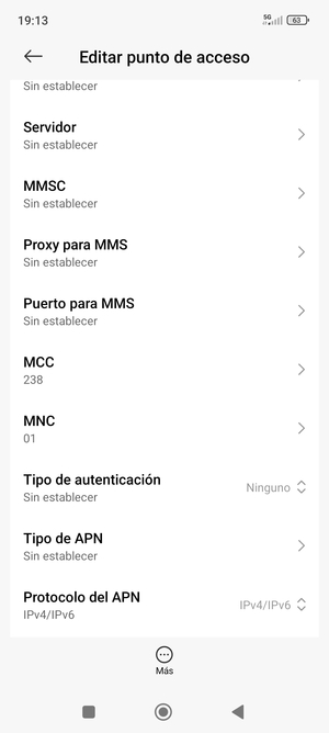 Desplácese hacia abajo e introduzca la información de Internet