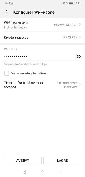Skriv inn et Wi-Fi hotspot-passord på minst 8 tegn og velg LAGRE