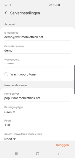 Voer Gebruikersnaam en binnenkomend serveradres in