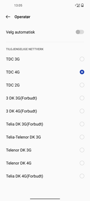 Velg en nettverksoperatør fra listen