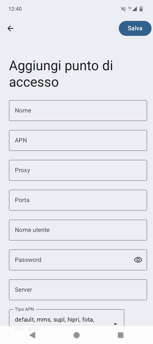 Inserisci le informazioni di Internet