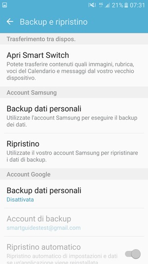 Seleziona Backup dati personali
