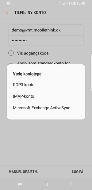 Vælg POP3-konto eller IMAP-konto