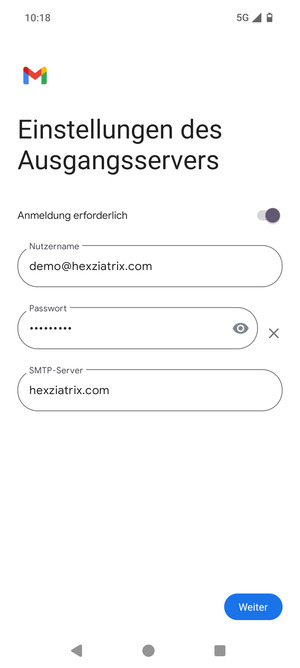 Geben Sie die Server-Adresse für ausgehende Post ein und wählen Sie Weiter