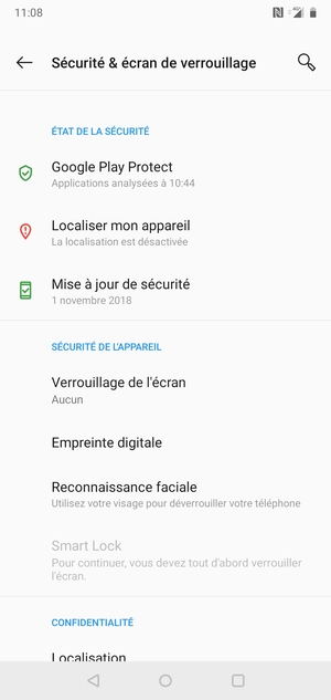 Pour activer votre écran de verrouillage, allez dans le menu Sécurité & écran de verrouillage et sélectionnez Verrouillage de l'écran