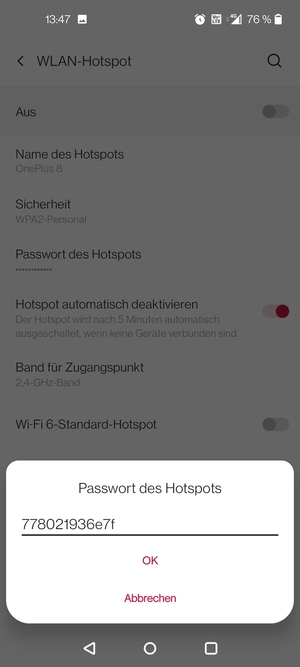Geben Sie eine WLAN-Hotspot-Passwort mit mindestens 8 Zeichen ein und wählen Sie OK
