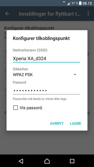 Skriv inn et Wi-Fi hotspot-passord på minst 8 tegn og velg LAGRE