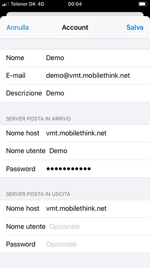 Inserisci le informazioni dell'email per SERVER POSTA IN USCITA e seleziona Salva