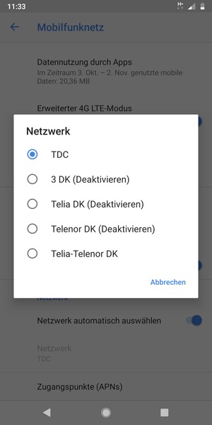Wählen Sie einen Netzbetreiber von der Liste