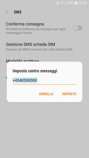 Inserisci il numero di Centro messaggi e seleziona IMPOSTA