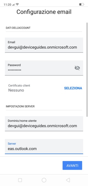 Inserisci Nome utente e l'indirizzo del server Exchange. Seleziona AVANTI