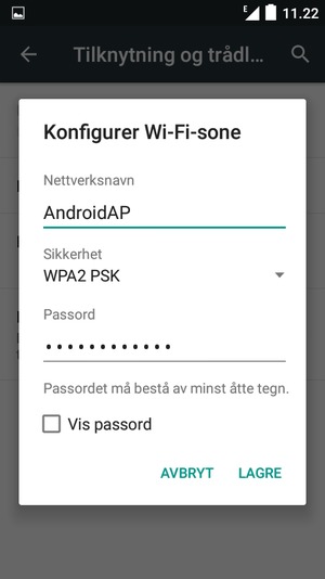 Skriv inn et Wi-Fi hotspot-passord på minst 8 tegn og velg LAGRE