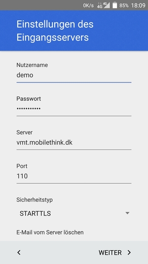 Geben Sie NUTZERNAME und die Server-Adresse für eingehende Post ein