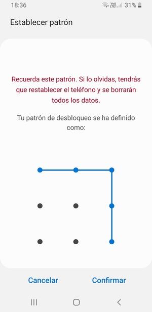 Dibuje de nuevo el patrón de desbloqueo y seleccione Confirmar