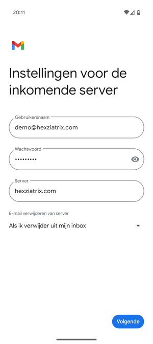 Voer Gebruikersnaam en binnenkomend serveradres in. Selecteer Volgende