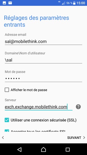 Saisissez votre Nom d'utilisateur et l'adresse du serveur Exchange. Sélectionnez SUIVANT