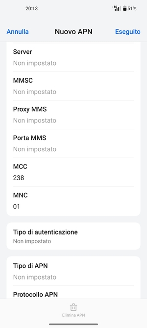 Scorri verso il basso e inserisci le informazioni di internet