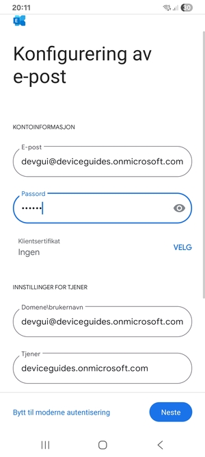 Skriv inn Brukernavn og Exchange serveradresse. Velg Neste