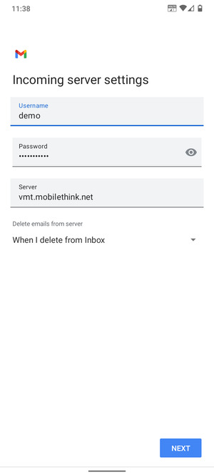 Enter Username and Incoming server address. Select NEXT