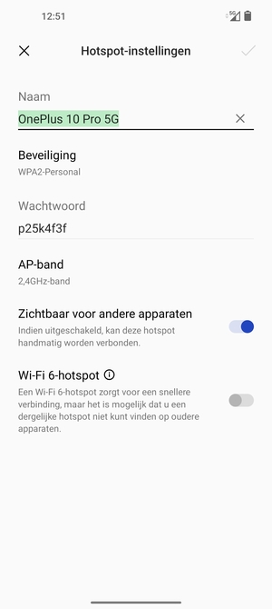 Voer een wachtwoord van een WiFi-hotspot in van ten minste 8 tekens en selecteer OK
