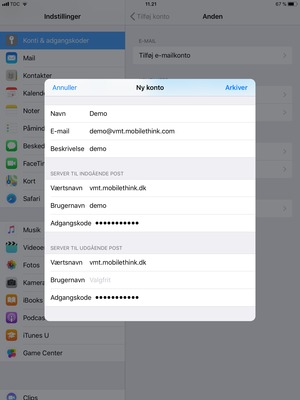 Indtast e-mail-oplysninger for SERVER TIL UDGÅENDE POST og vælg Arkiver
