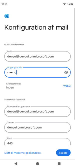 Indtast Brugernavn og Exchange serveradresse. Vælg Næste
