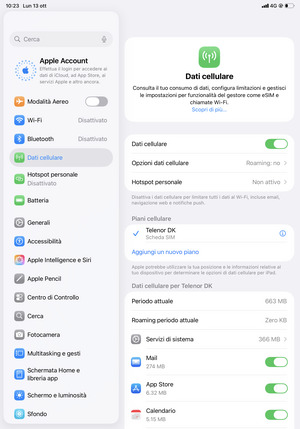 Per cambiare il PIN della scheda SIM, seleziona Dati cellulare e seleziona l'icona Informazioni