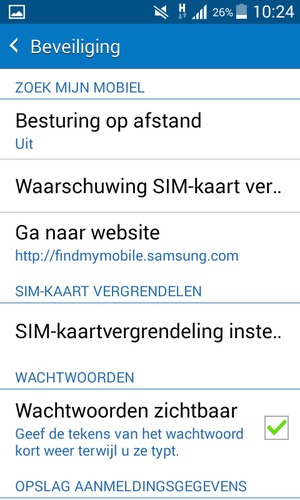 Scroll naar en selecteer SIM-kaartvergrendeling instellen