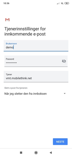 Skriv inn Brukernavn og innkommende serveradresse. Velg NESTE