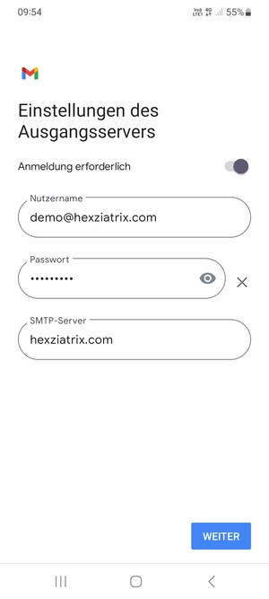 Geben Sie die Ausgangs Server Adresse ein und wählen Sie WEITER