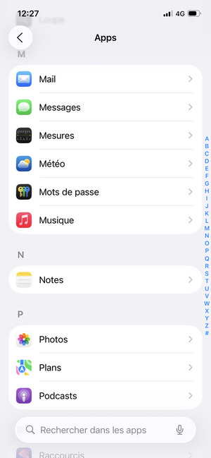 Faites défiler et sélectionnez Mail