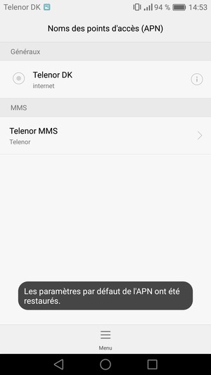 Votre téléphone va être réinitialisé avec les paramètres Internet et MMS par défaut